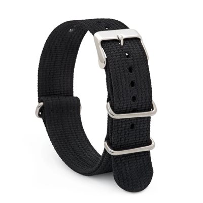 Bracelet de Nylon Style Nato 20mm Boucle Argent, Noir