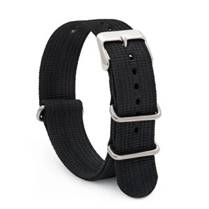 Bracelet de Nylon Style Nato 22mm Boucle Argent, Noir